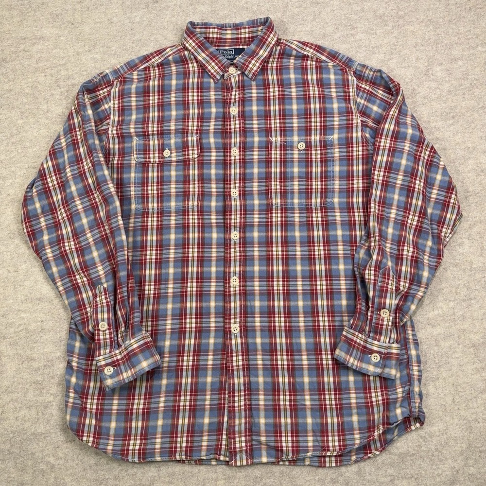 Vtg Polo Ralph Lauren Dungaree Workshirt Plaid Flannel Button Down Mens Large